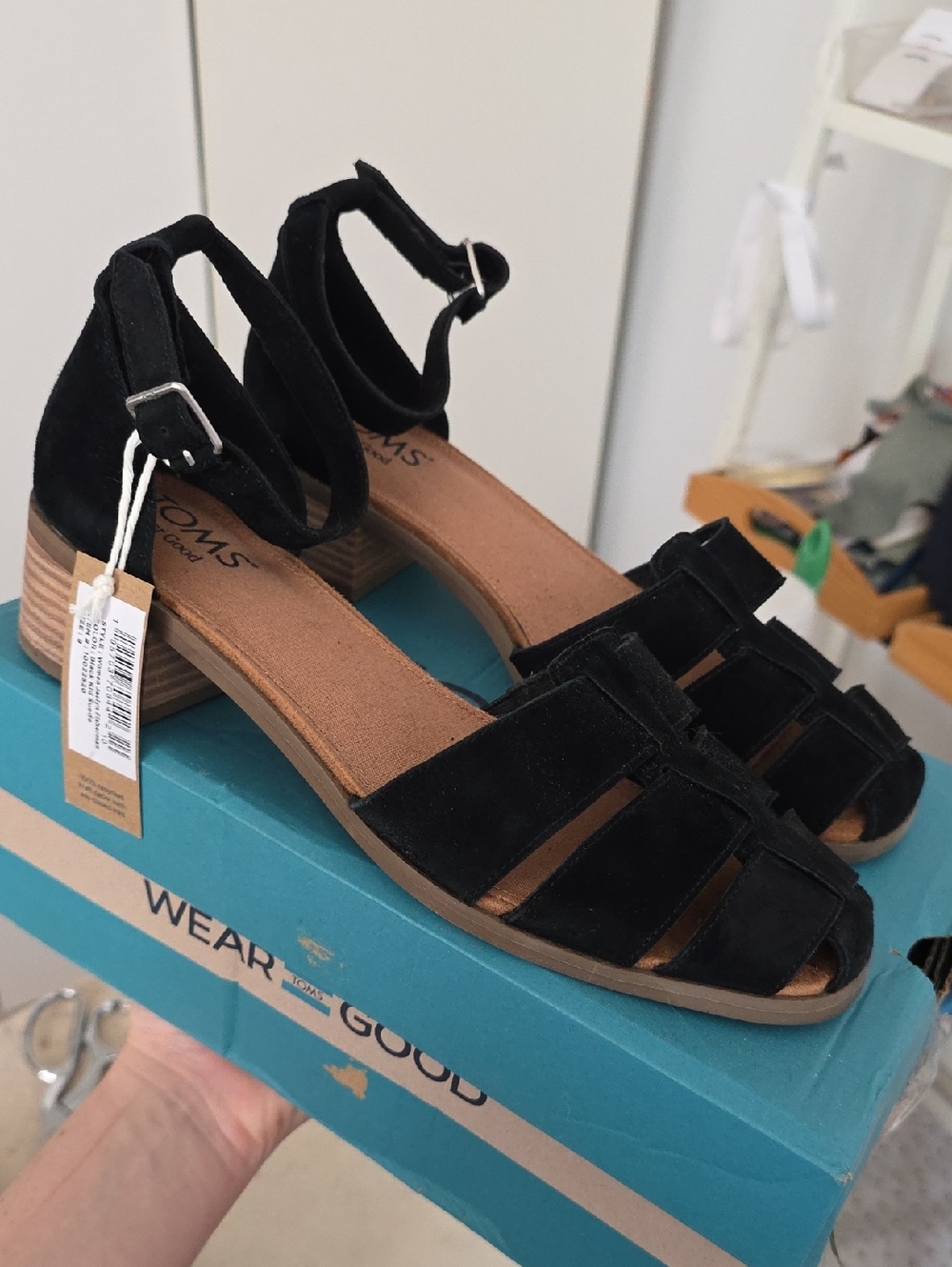 TOMS Black Suede Strappy Low Block Heel Sandals